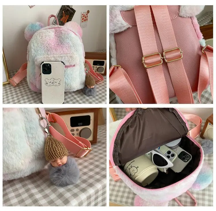 Personalized Name Cute Kawaii Plush Bunny Backpack Faux Fur Mini Backpack Rabbit Ear Women Travel Shoulder Bags Plush Backpack