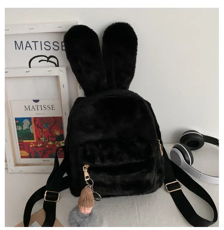 Personalized Name Cute Kawaii Plush Bunny Backpack Faux Fur Mini Backpack Rabbit Ear Women Travel Shoulder Bags Plush Backpack