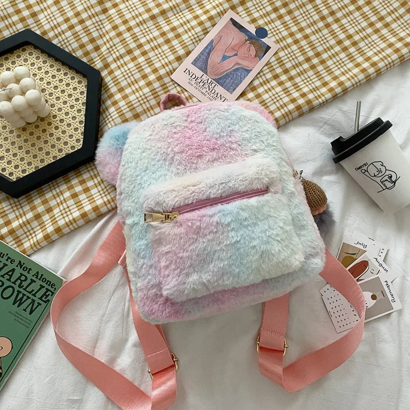 Personalized Name Cute Kawaii Plush Bunny Backpack Faux Fur Mini Backpack Rabbit Ear Women Travel Shoulder Bags Plush Backpack