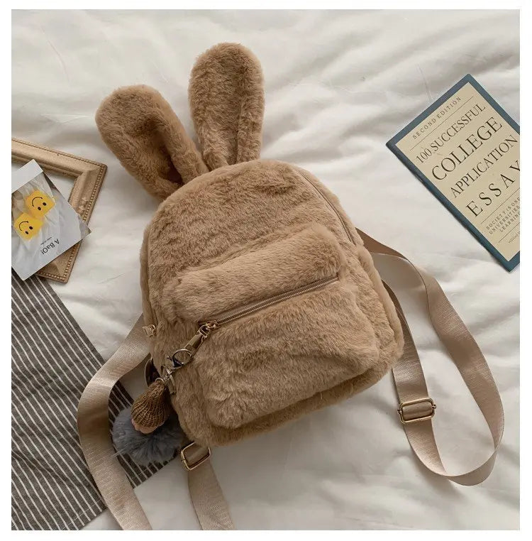 Personalized Name Cute Kawaii Plush Bunny Backpack Faux Fur Mini Backpack Rabbit Ear Women Travel Shoulder Bags Plush Backpack