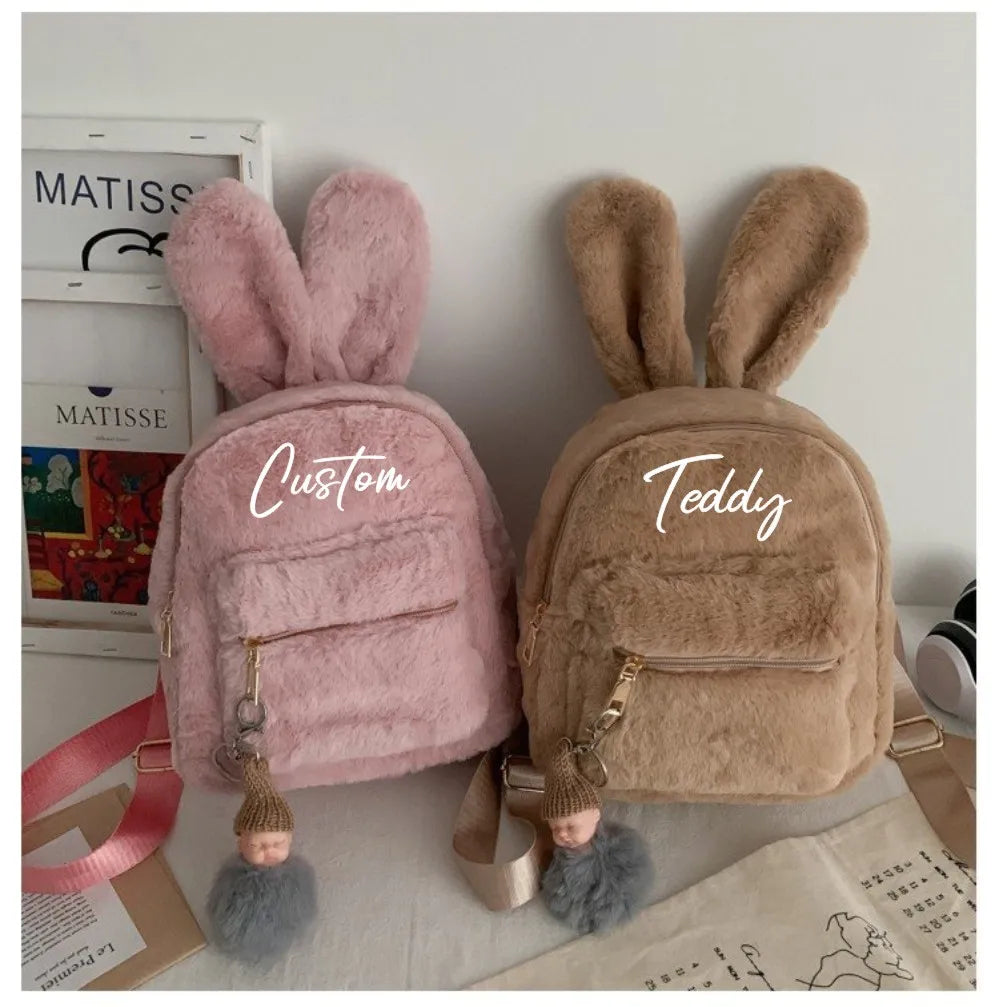 Personalized Name Cute Kawaii Plush Bunny Backpack Faux Fur Mini Backpack Rabbit Ear Women Travel Shoulder Bags Plush Backpack