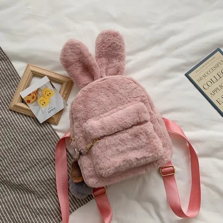 Personalized Name Cute Kawaii Plush Bunny Backpack Faux Fur Mini Backpack Rabbit Ear Women Travel Shoulder Bags Plush Backpack