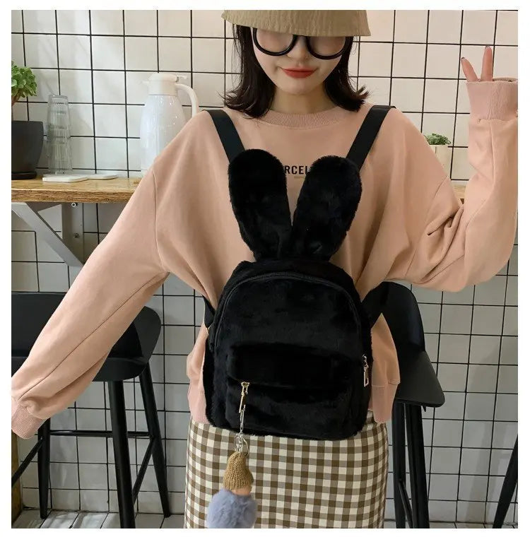 Personalized Name Cute Kawaii Plush Bunny Backpack Faux Fur Mini Backpack Rabbit Ear Women Travel Shoulder Bags Plush Backpack