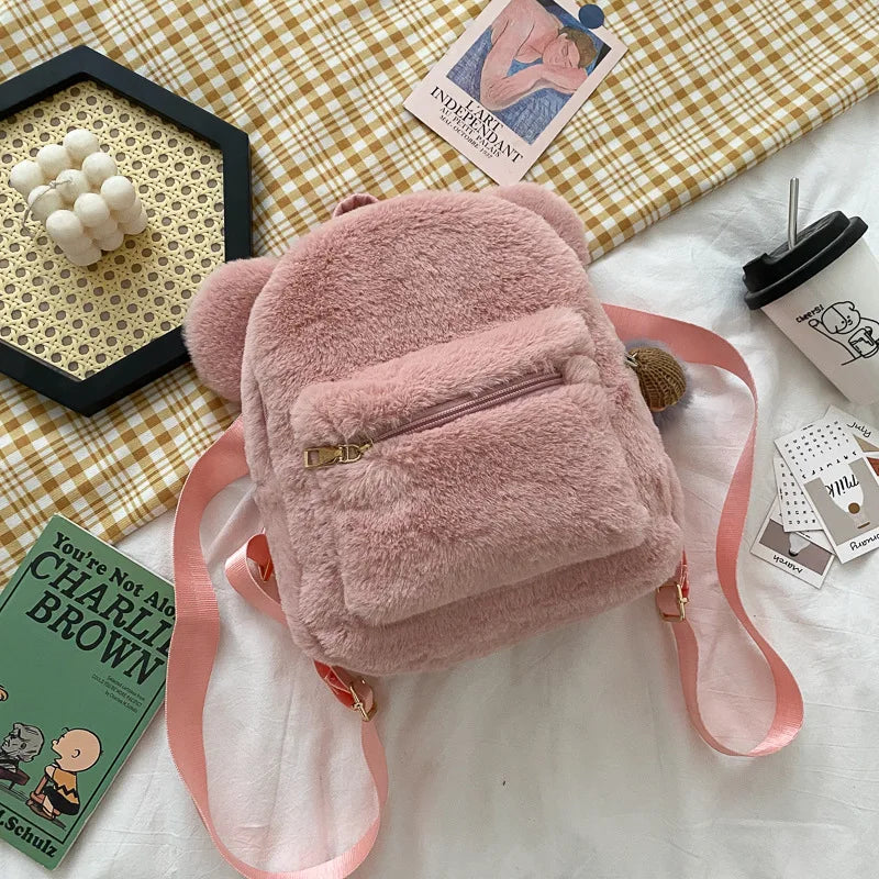 Personalized Name Cute Kawaii Plush Bunny Backpack Faux Fur Mini Backpack Rabbit Ear Women Travel Shoulder Bags Plush Backpack