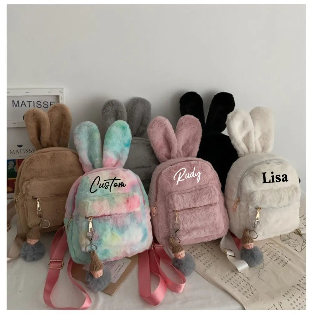 Personalized Name Cute Kawaii Plush Bunny Backpack Faux Fur Mini Backpack Rabbit Ear Women Travel Shoulder Bags Plush Backpack