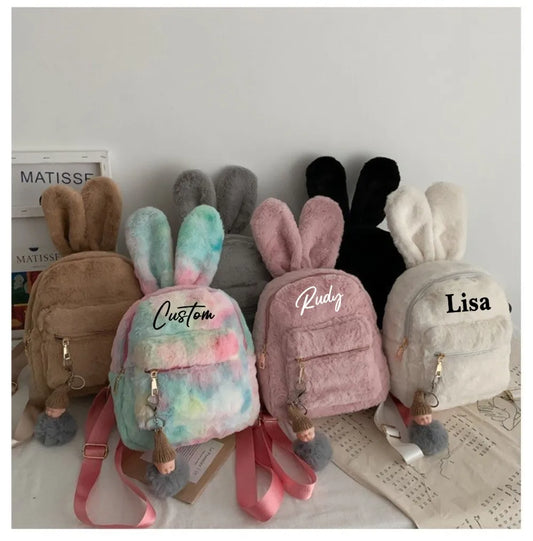 Personalized Name Cute Kawaii Plush Bunny Backpack Faux Fur Mini Backpack Rabbit Ear Women Travel Shoulder Bags Plush Backpack