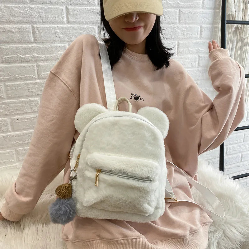 Personalized Name Cute Kawaii Plush Bunny Backpack Faux Fur Mini Backpack Rabbit Ear Women Travel Shoulder Bags Plush Backpack