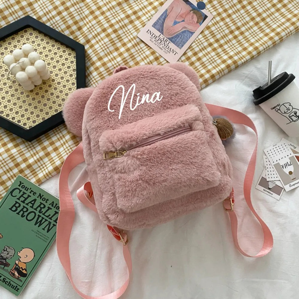 Personalized Name Cute Kawaii Plush Bunny Backpack Faux Fur Mini Backpack Rabbit Ear Women Travel Shoulder Bags Plush Backpack