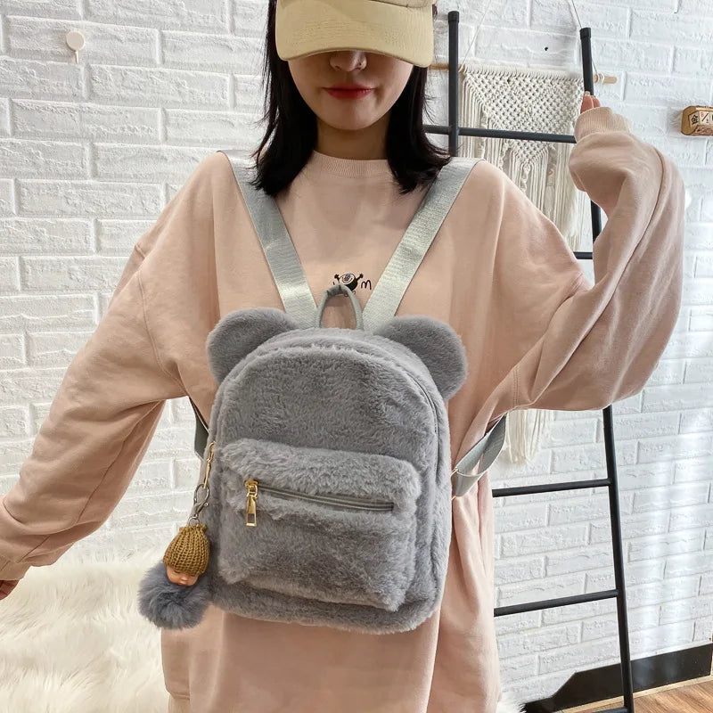 Personalized Name Cute Kawaii Plush Bunny Backpack Faux Fur Mini Backpack Rabbit Ear Women Travel Shoulder Bags Plush Backpack